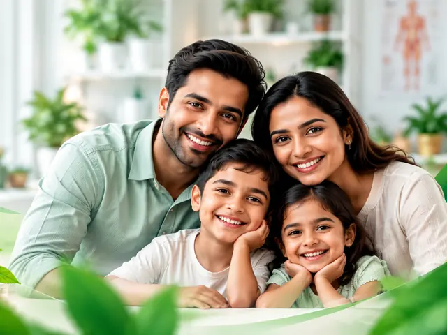 Smiling family with homoeopathic bottles and herbs (illustrative image)